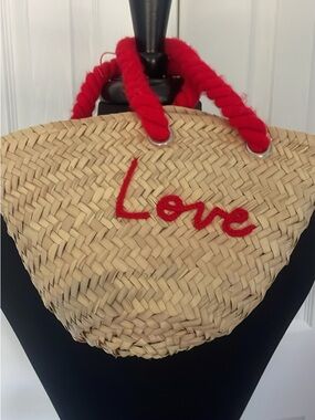 Poolside Woven Straw Tote with Red 'Love' Script and Rope Handles
